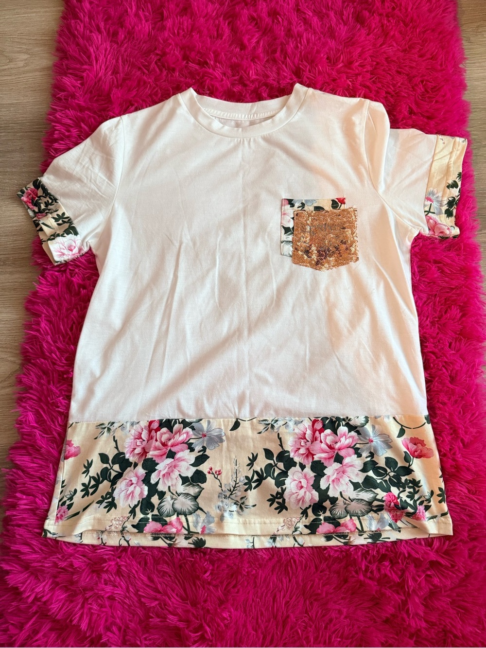 SHEIN White Tee with Floral Hem and Gold Sequin Pocket